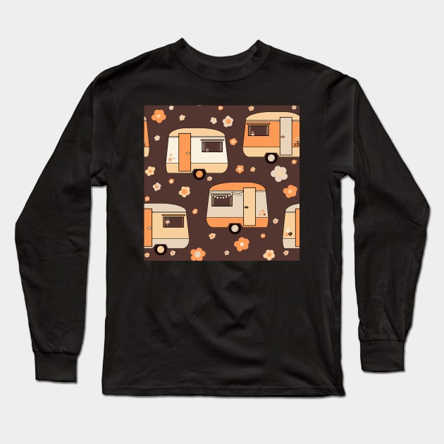 Repeat pattern of cute vintage caravans in retro colours on chocolate brown Long Sleeve T-Shirt by NattyDesigns